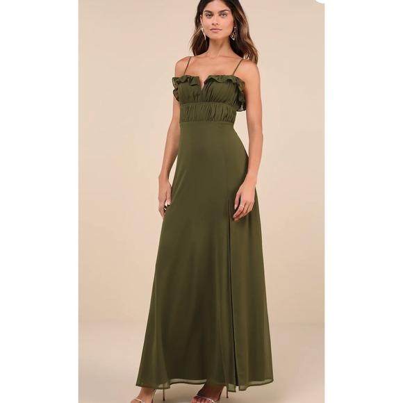 Lulus Dress Womens Medium Green Exemplary Beauty Strappy Ruffle Maxi Slit - Picture 3 of 11